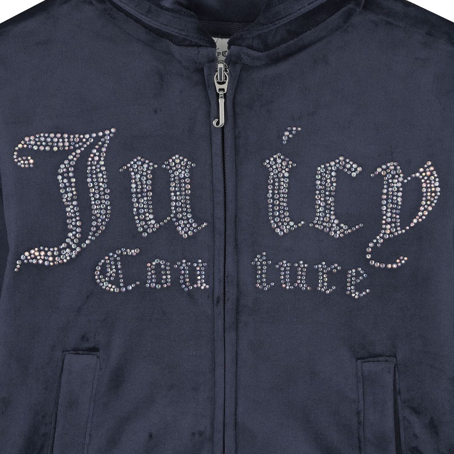 Girls Navy Blue Crystal Embellished Diamant&eacute; Logo Hooded Zip Up Top, 1, hi-res