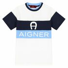 Boys White, Navy & Light Blue Logo T-Shirt, 3, hi-res