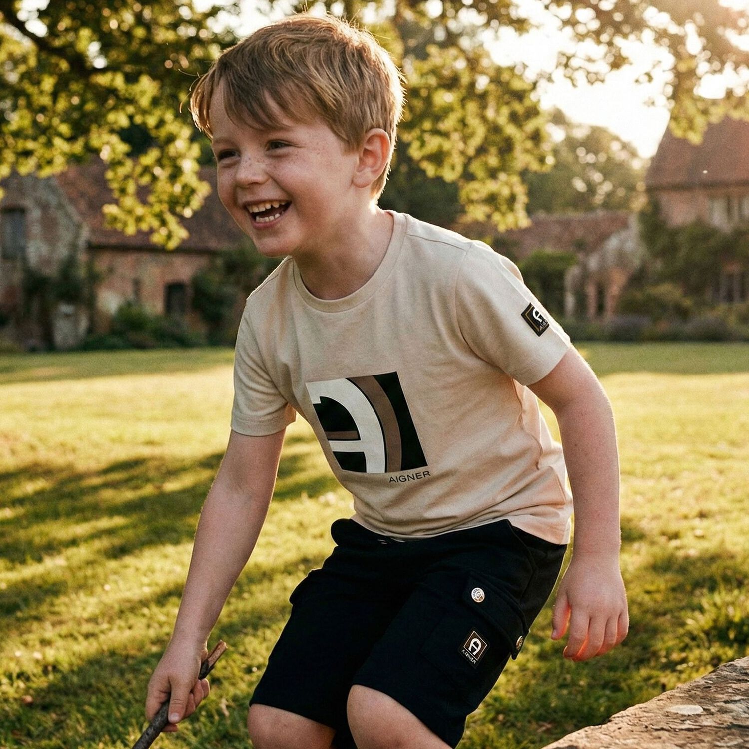 Boys Beige & Black Logo Shorts Set, 1, hi-res