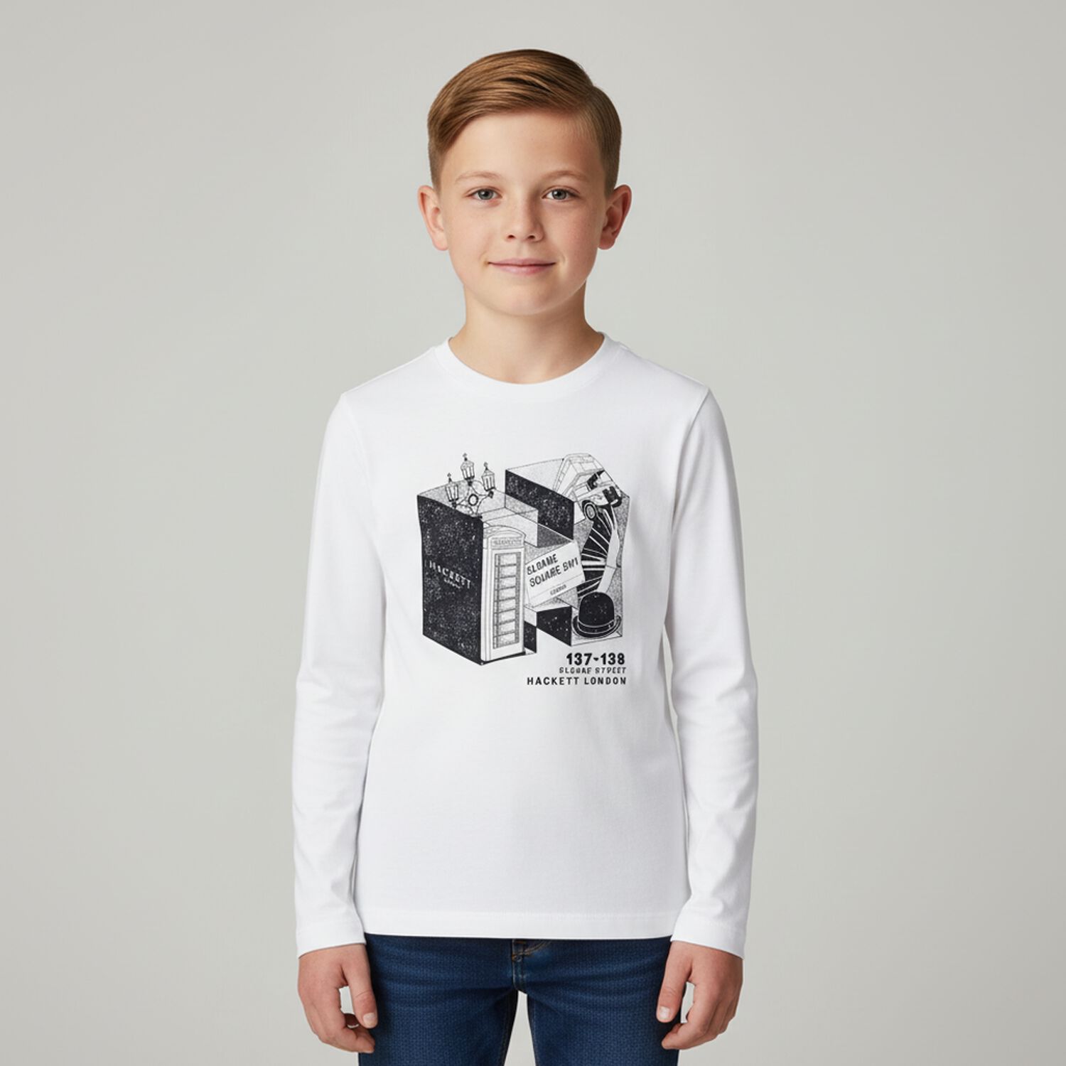 Boys White Logo Long Sleeve Top, 1, hi-res