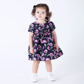 Younger Girls Navy Blue & Pink Floral Dress