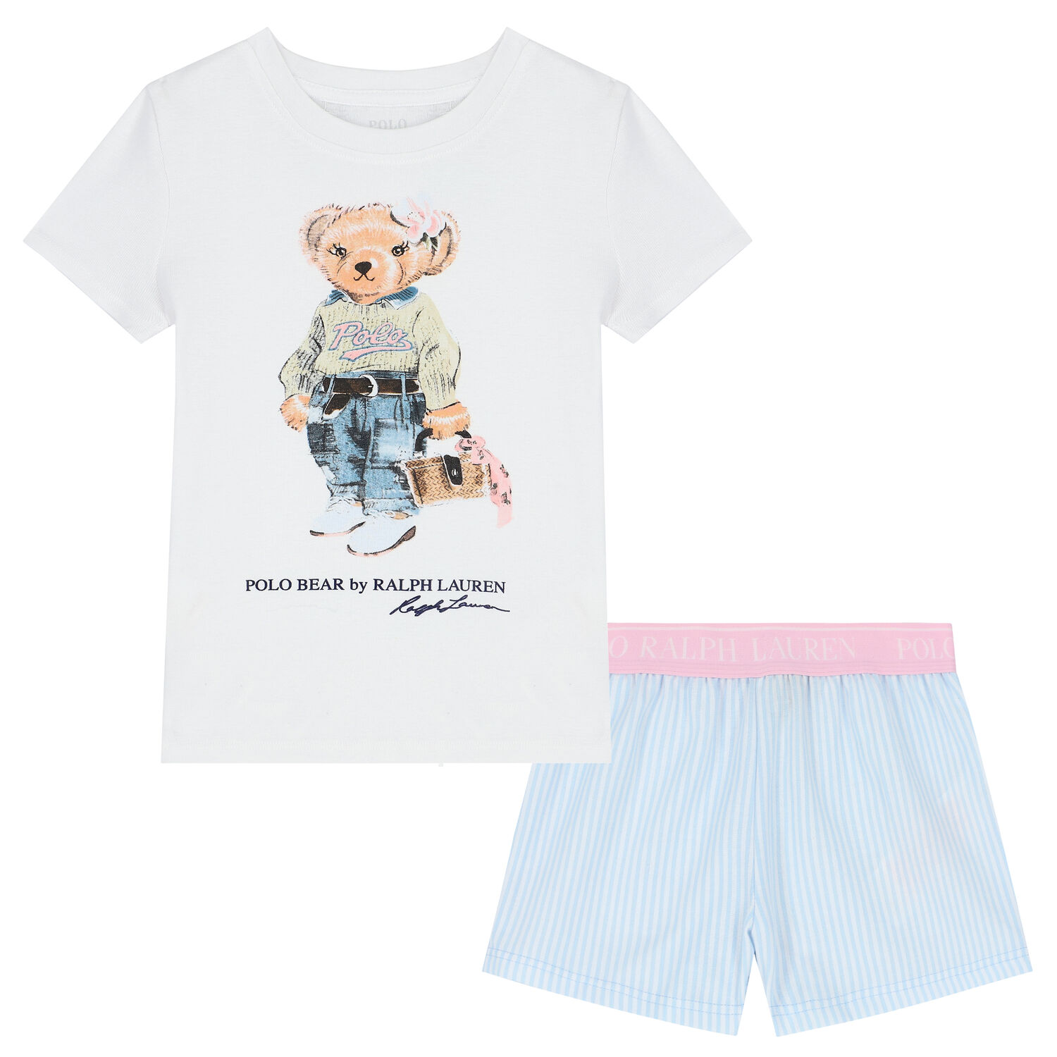Girls White & Blue Polo Bear Pyjamas, 1, hi-res image number null
