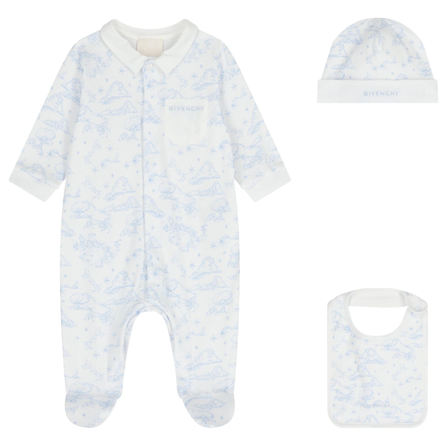 Baby Boys White & Blue Toile De Jouy Babygrow Gift Set, 1, hi-res