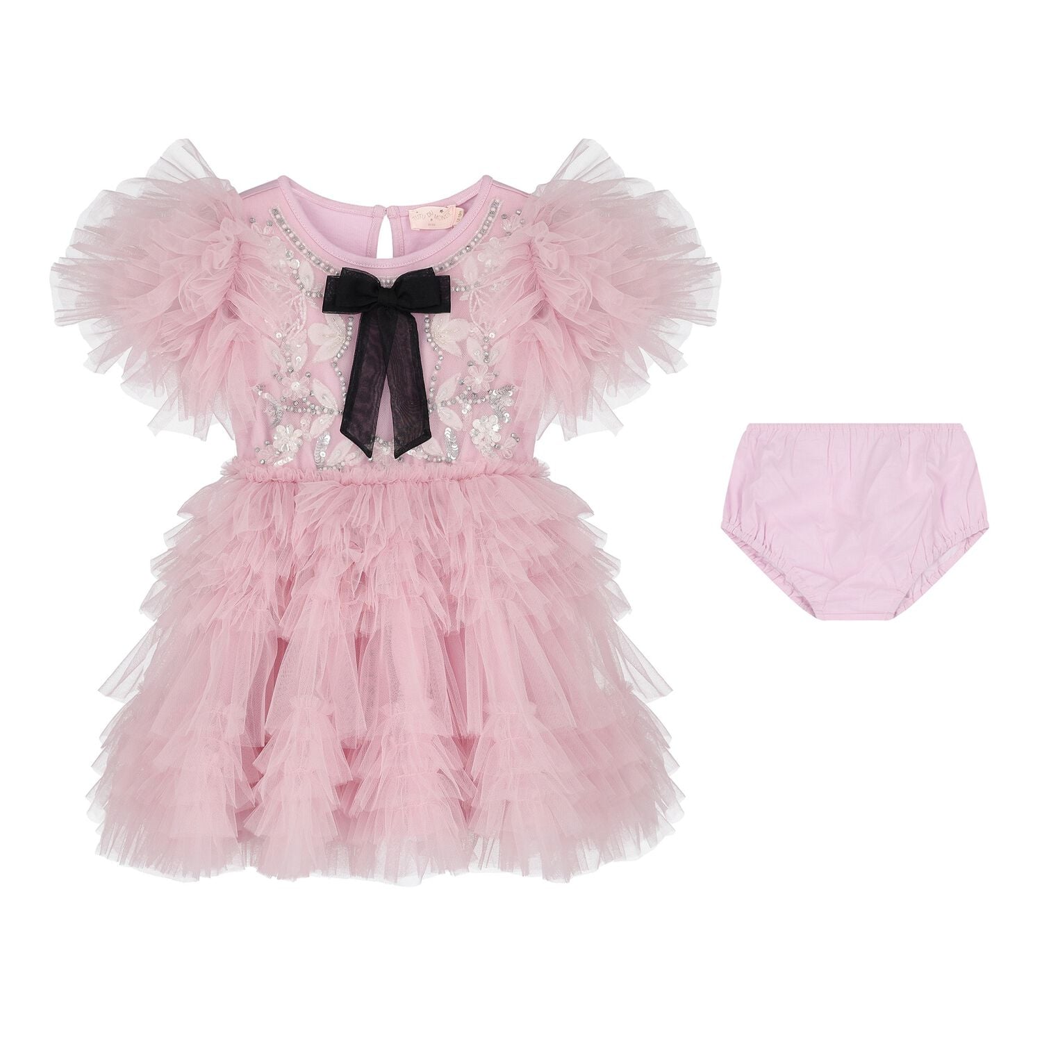 Baby Girls Pink & Black Bow Tulle Greta Dress Set, 1, hi-res