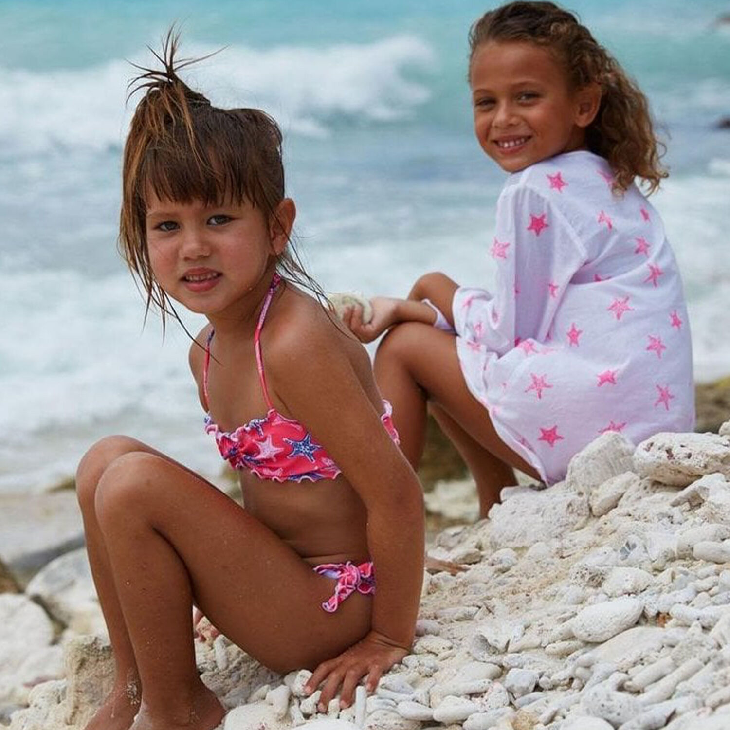 Girls Neon Pink Starfish Ruched Bikini, 1, hi-res