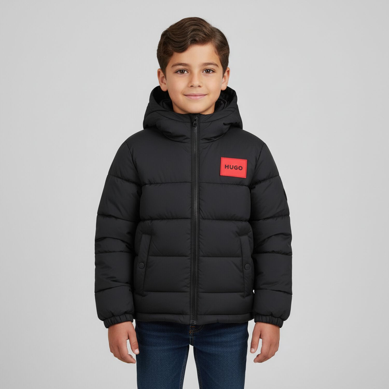 Boys Black Logo Puffer Jacket , 1, hi-res