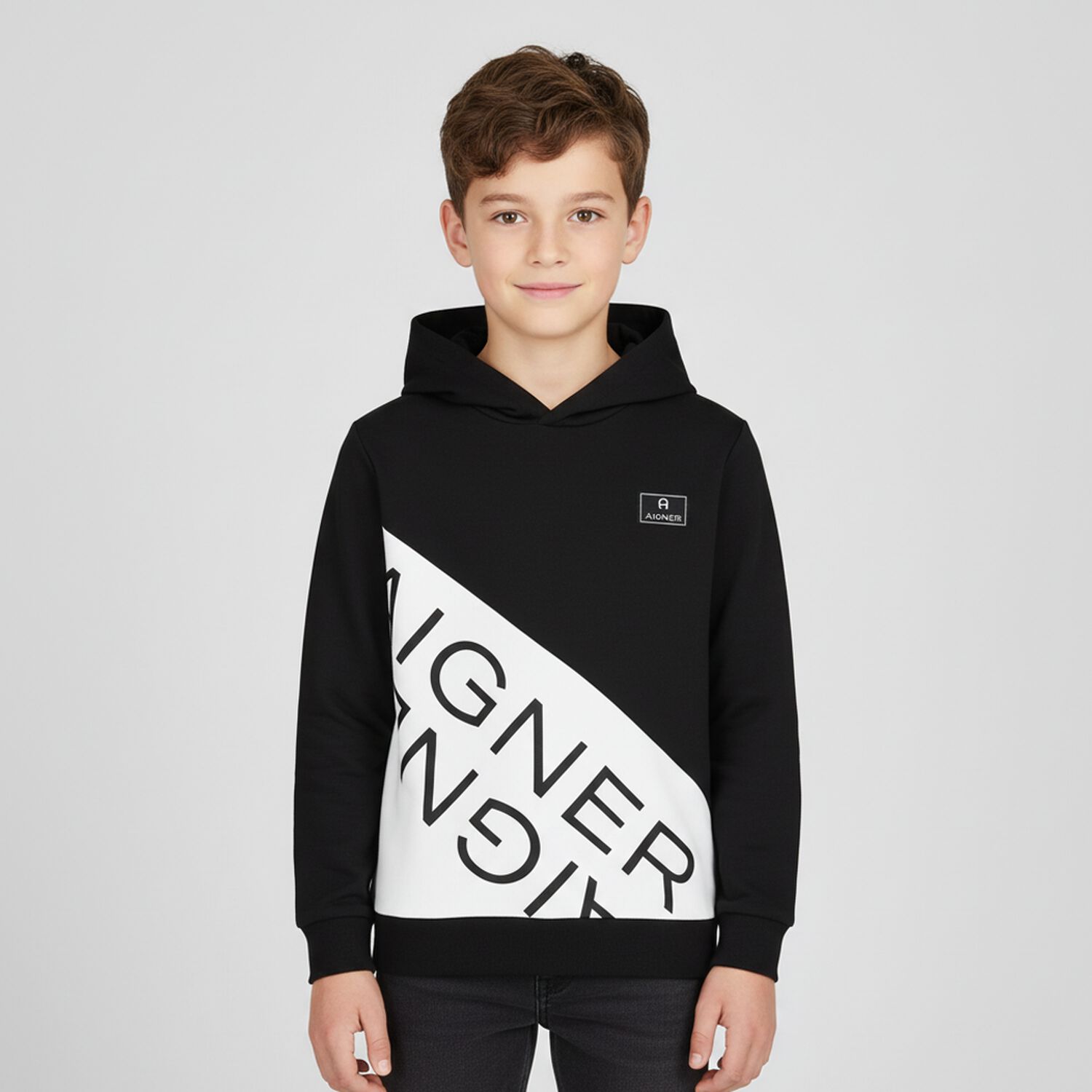 Boys Black & White Logo Hooded Top, 1, hi-res