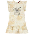 Younger Girls Ivory & Gold Logo Dress, 1, hi-res