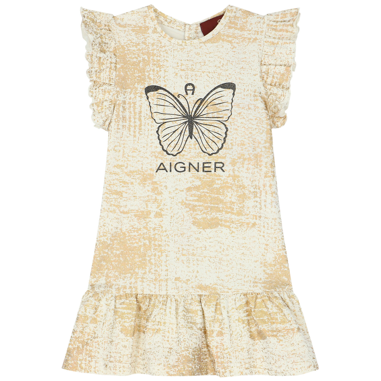 Younger Girls Ivory & Gold Logo Dress, 1, hi-res
