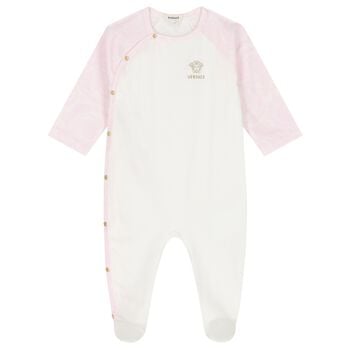 Baby Girls White & Pink Barocco Babygrow
