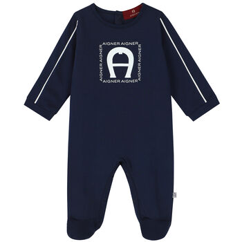 Baby Boys Navy Blue & White Logo Babygrow