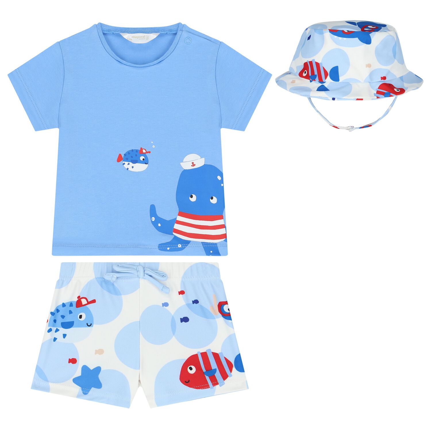 Baby Boys Blue & White Octopus Swim Shorts Set, 1, hi-res
