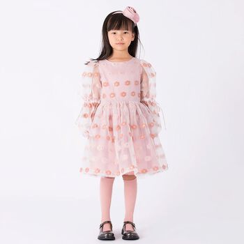 Girls Pink Jacquard Floral Dress