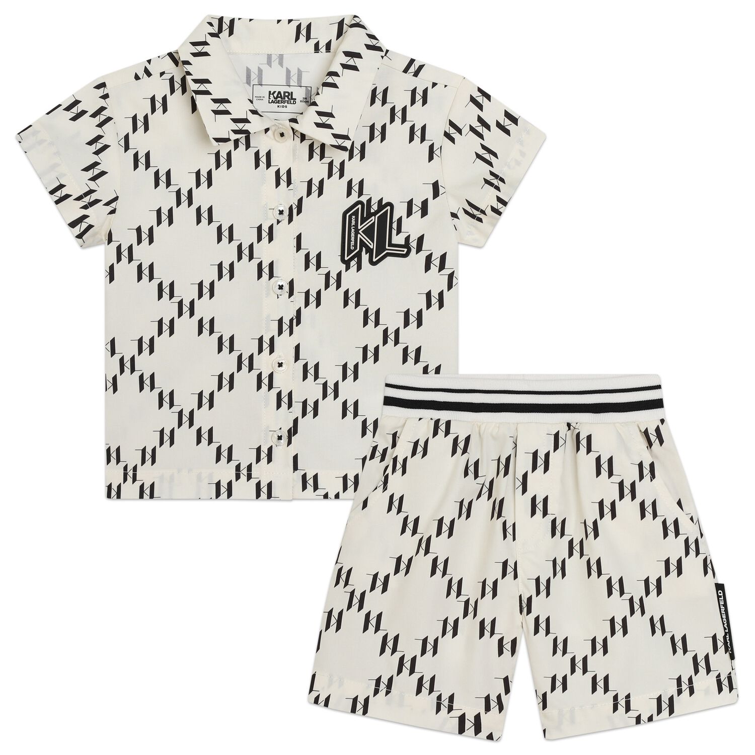 Younger Boys Ivory & Black Monogram Logo Shorts Set, 1, hi-res