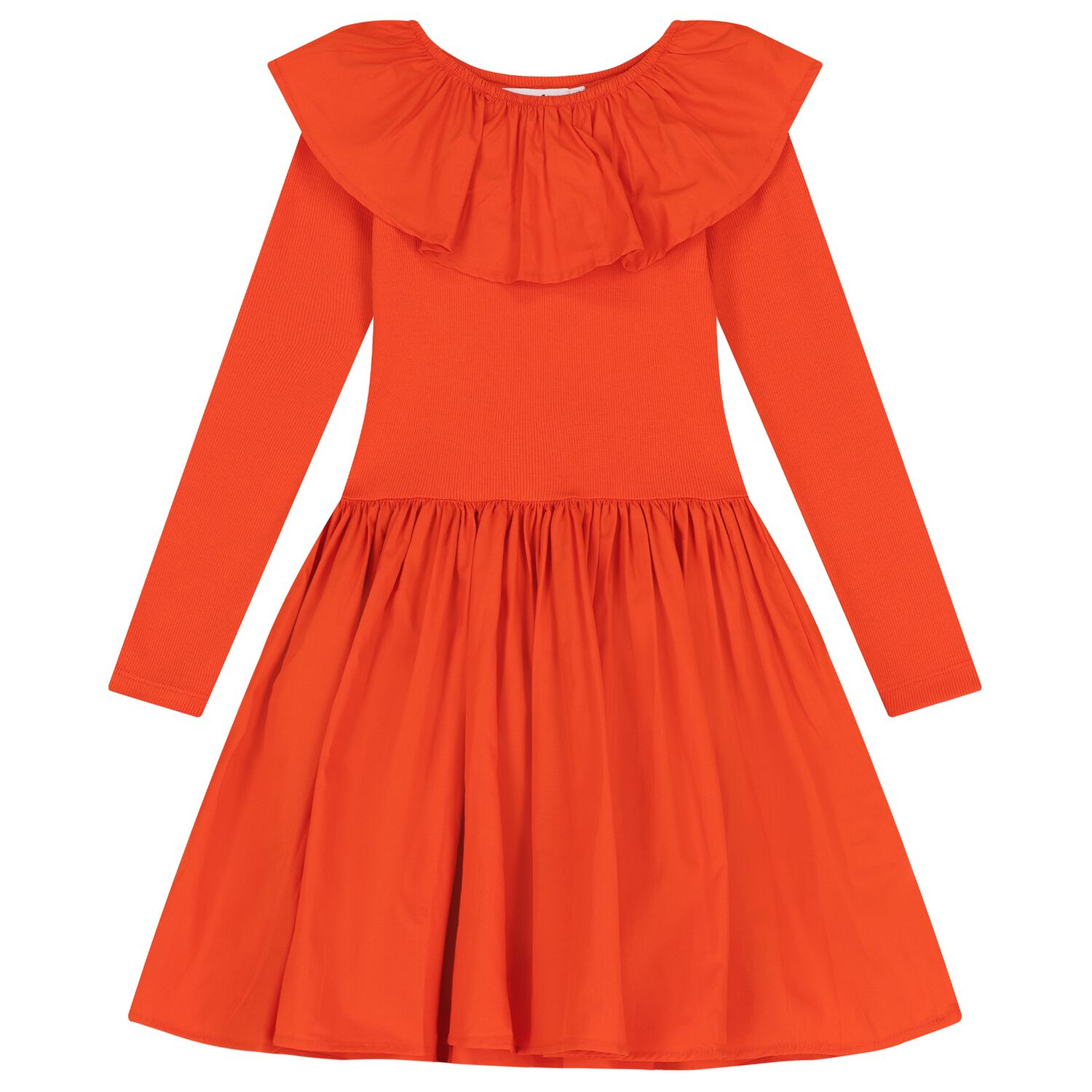 Girls Orange Ruffled Long Sleeve Dress, 3, hi-res