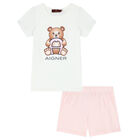 Girls White & Pink Teddy Logo Pjyamas, 1, hi-res