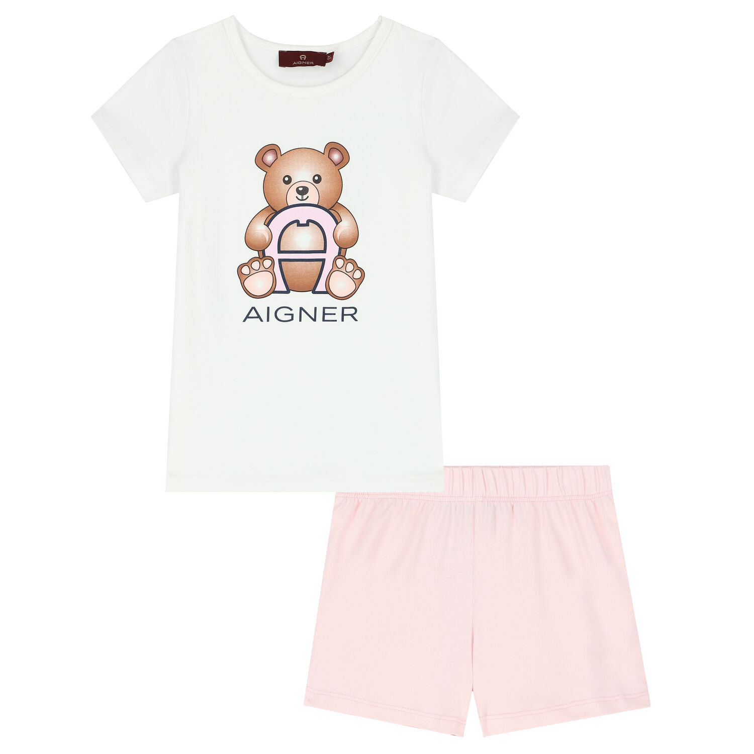 Girls White & Pink Teddy Logo Pjyamas, 1, hi-res