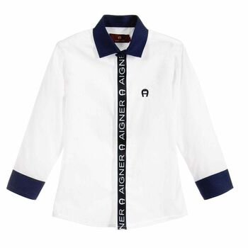 Boys White & Navy Blue Logo Shirt