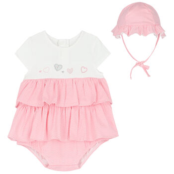 Baby Girls Pink & White Romper & Hat Set