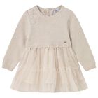 Younger Girls Beige Knitted & Tulle Dress, 2, hi-res