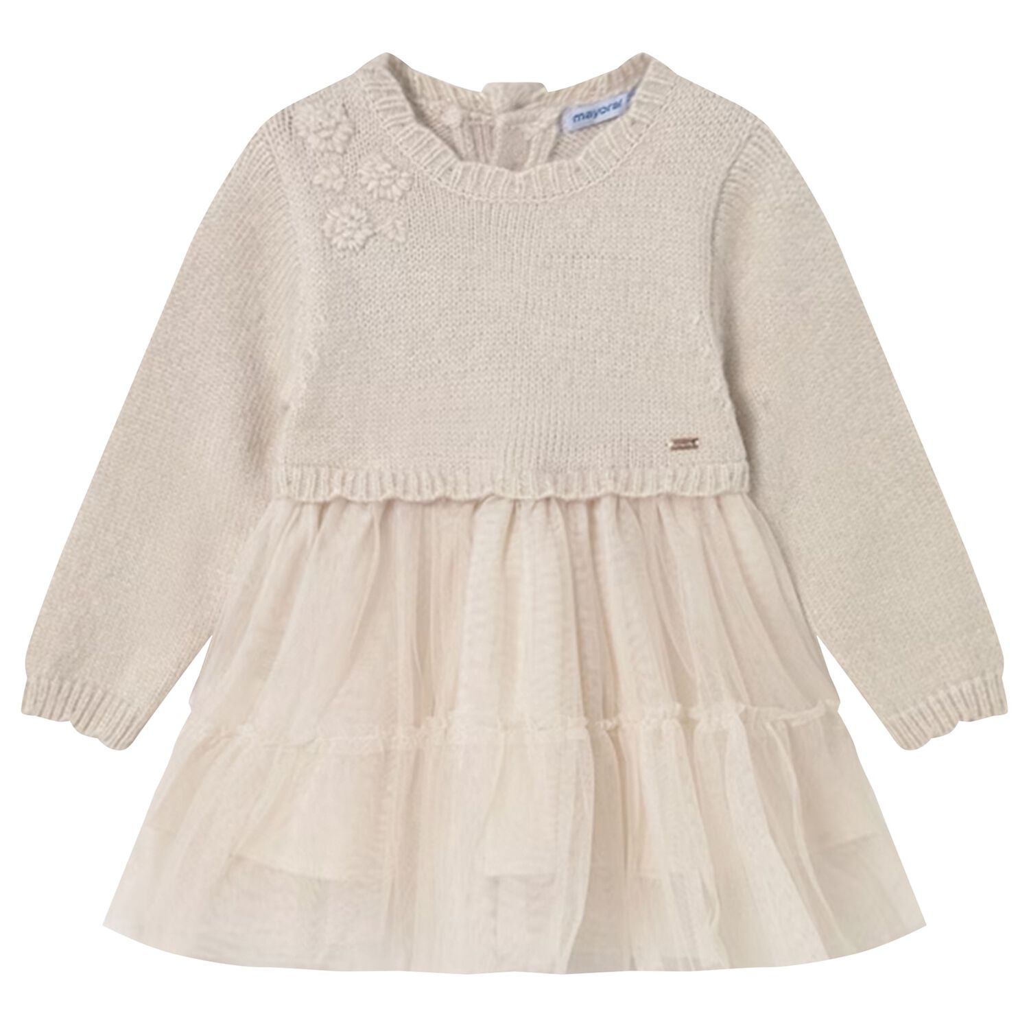 Younger Girls Beige Knitted & Tulle Dress, 2, hi-res image number null