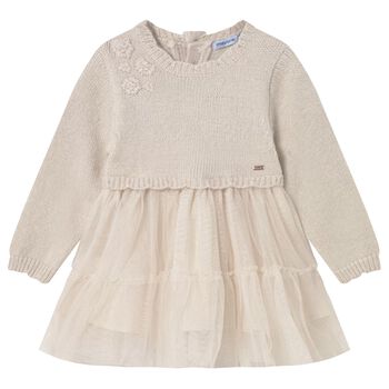 Younger Girls Beige Knitted & Tulle Dress