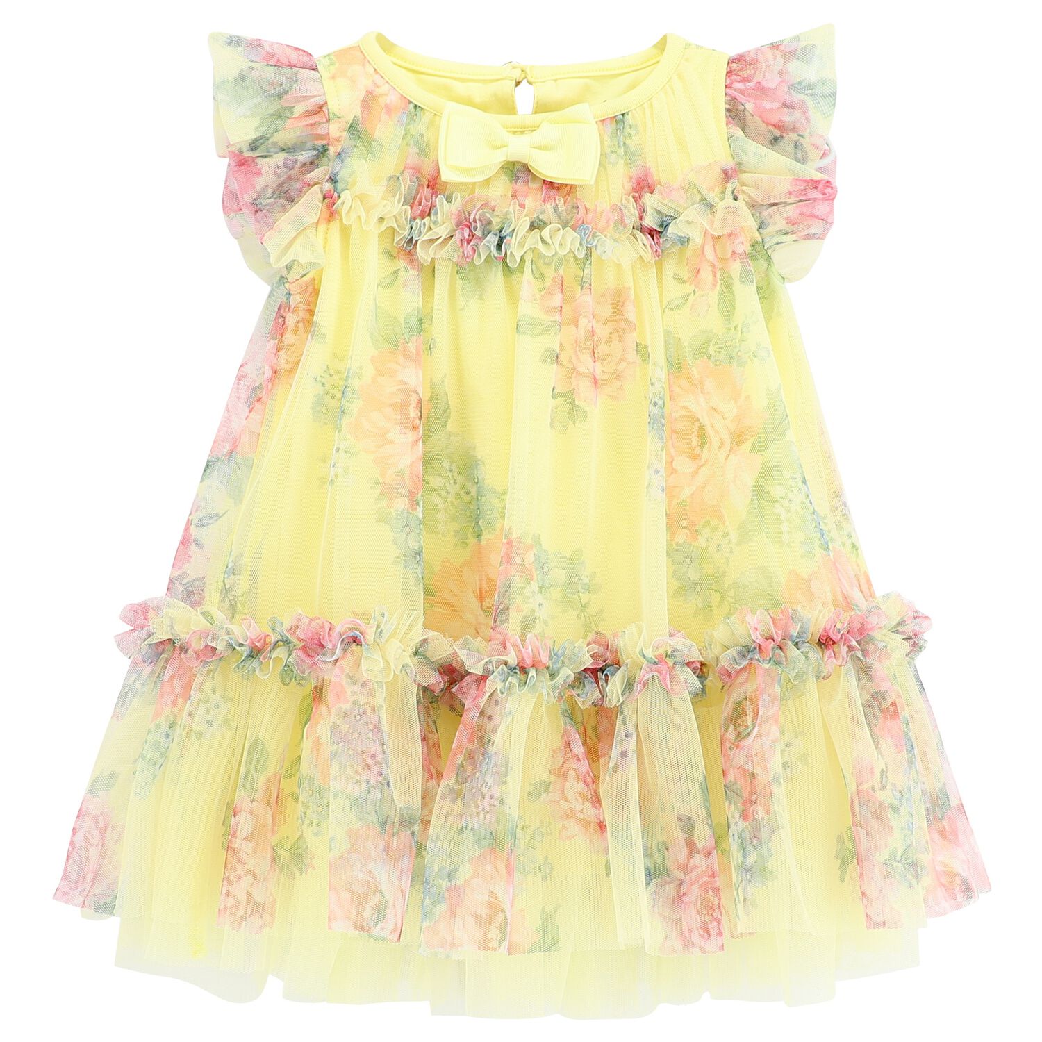 Baby Girls Yellow & Pink Floral Tulle Dress, 2, hi-res