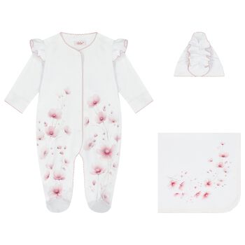 Baby Girls White & Pink Floral Babygrow Set