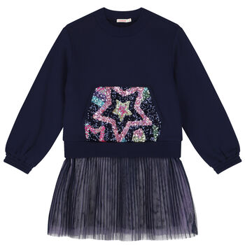Girls Navy Blue Sequin Star Dress