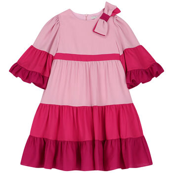 Girls Pink Bow Tiered Dress