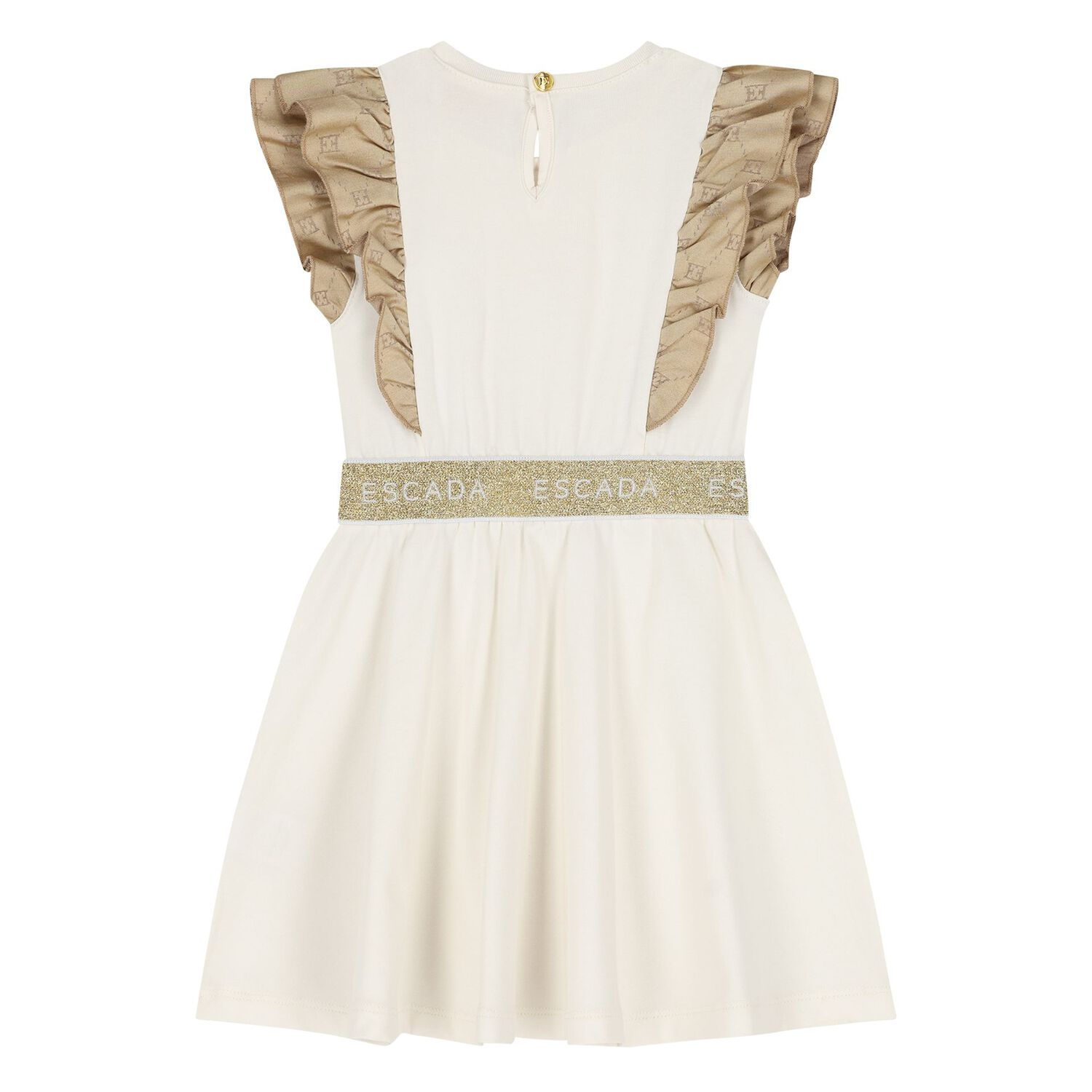 Younger Girls Ivory & Gold Logo Ruffled Dress, 1, hi-res
