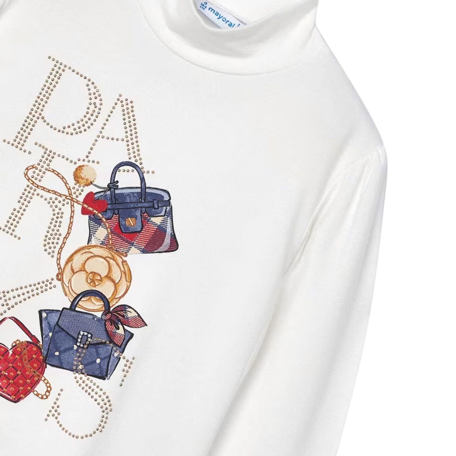 توب بنات بأكمام طويلة بطبعة حقيبة باللون العاجي, 1, hi-res image number null