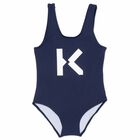 Girls Navy Blue Logo Swimsuit, 1, hi-res