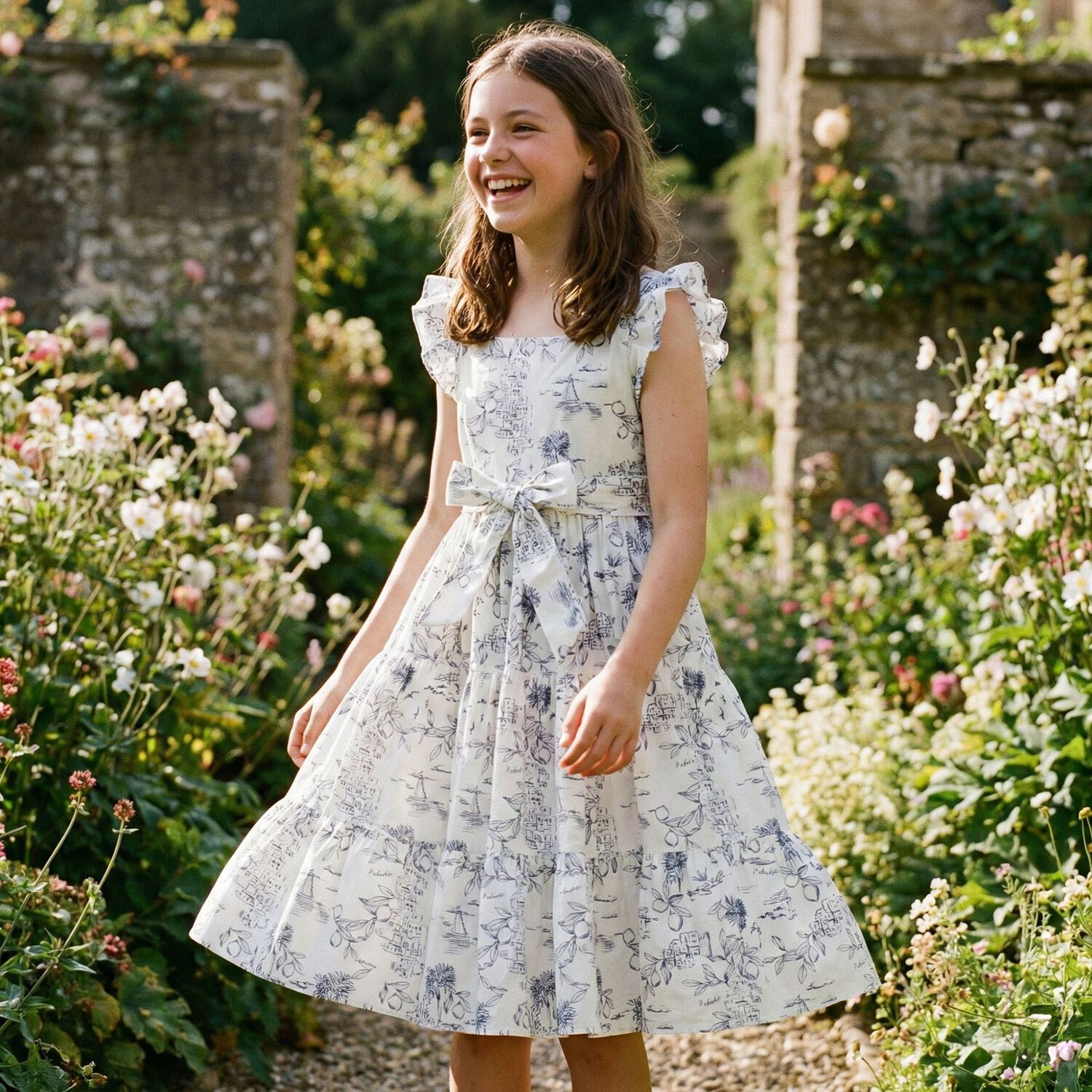 فستان بناتي أبيض وكحلي مزين بفيونكة, 1, hi-res