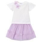 طقم تنورة تول أبيض وأرجواني مزين بالزهور للبنات, 2, hi-res