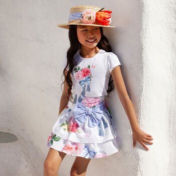 Girls White Floral Skirt Set