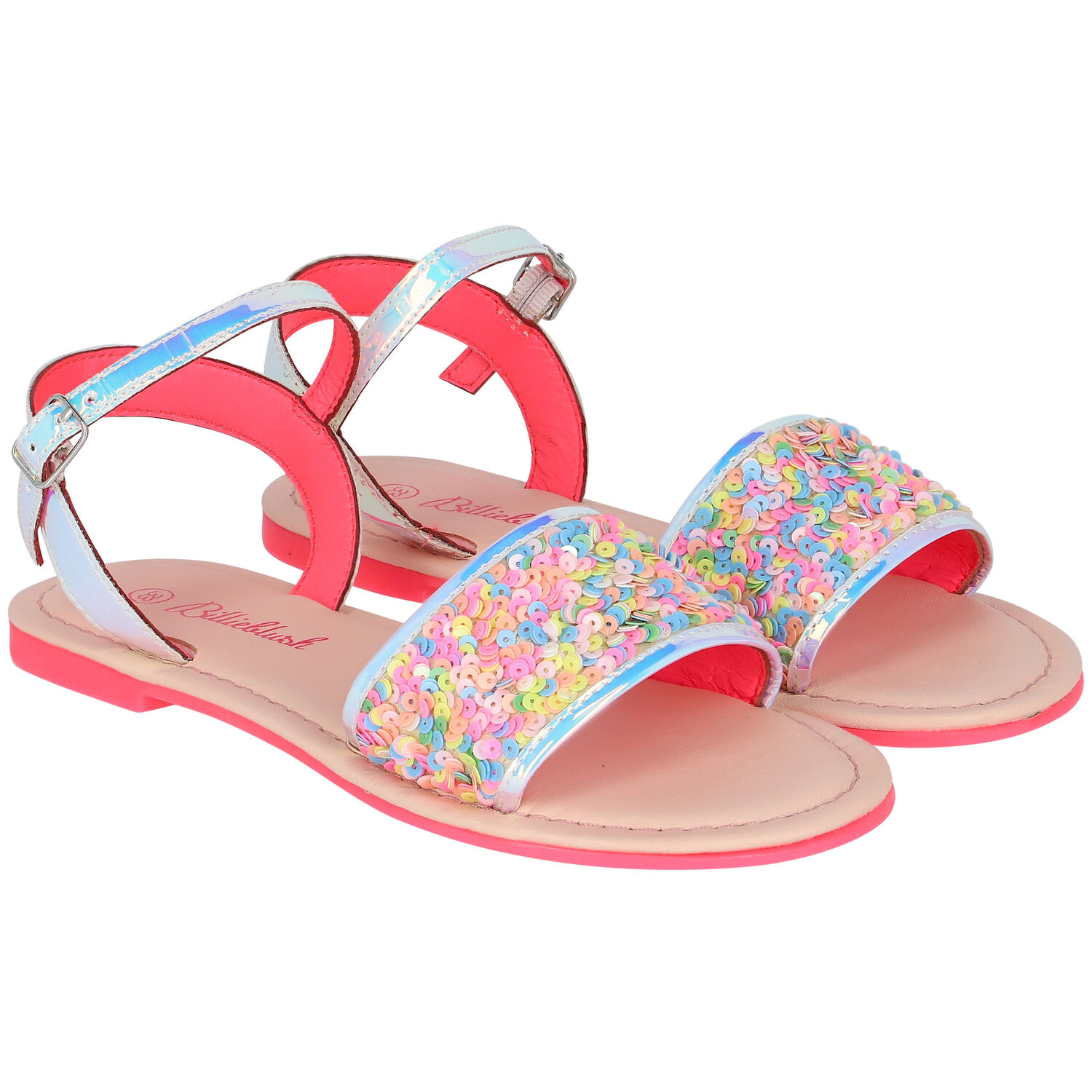 Girls Iridescent Silver Sequin Sandals, 1, hi-res