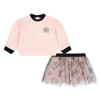 Younger Girls Pink & Black Logo Tulle Skirt Set
