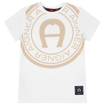 Aigner Boys White & Beige Logo T-Shirt, 4 Boys White & Beige Logo T-Shirt
