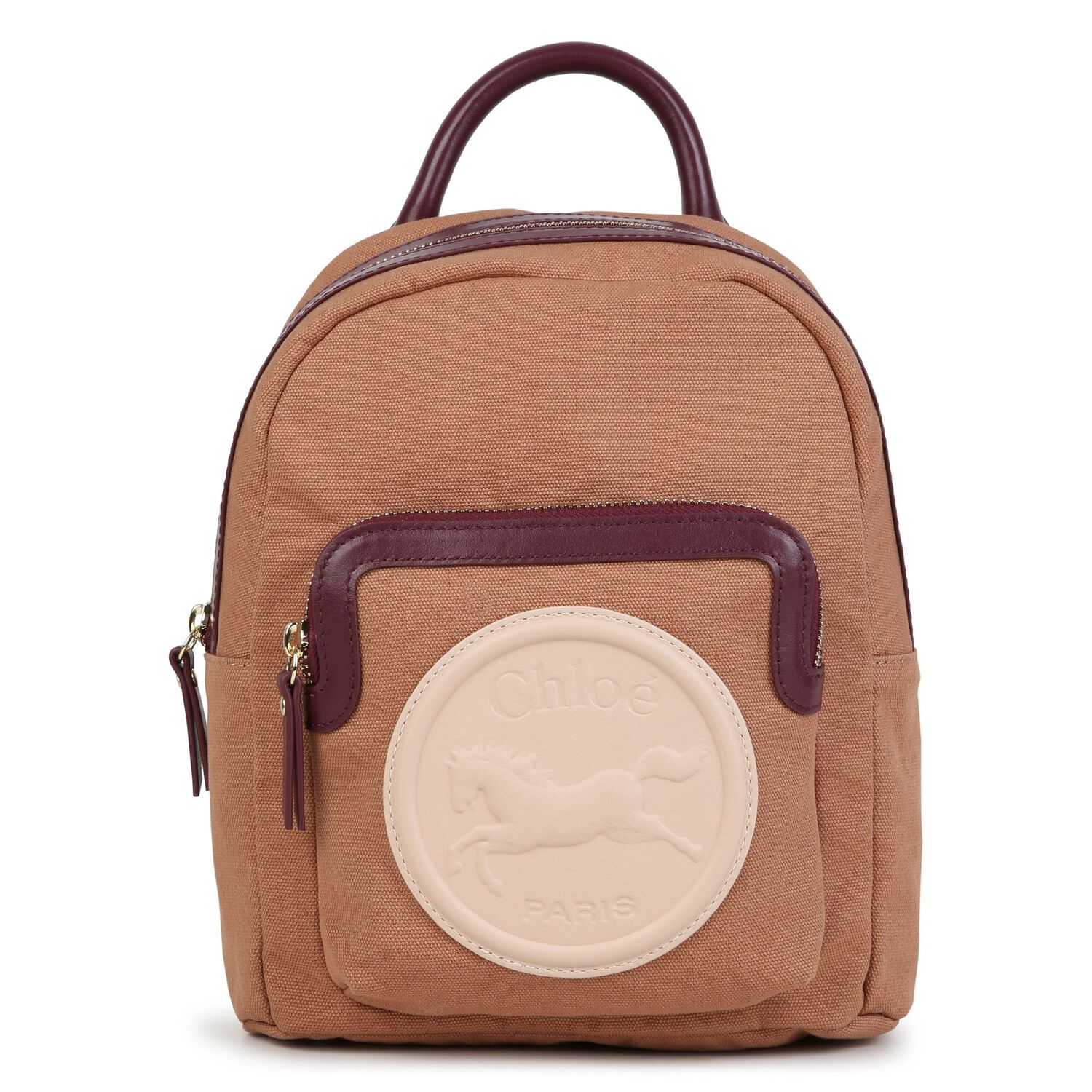 Girls Beige Canvas Horse Logo Backpack ( 26cm ), 1, hi-res