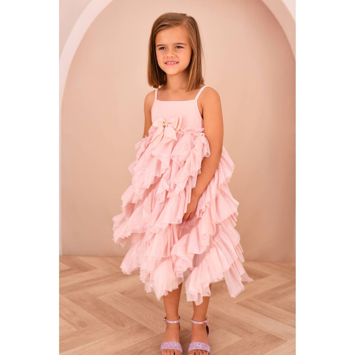 Girls Pink Tulle Ruffles Dress, 2, hi-res