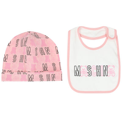 Pink & White Teddy Logo Hat & Bib Gift Set