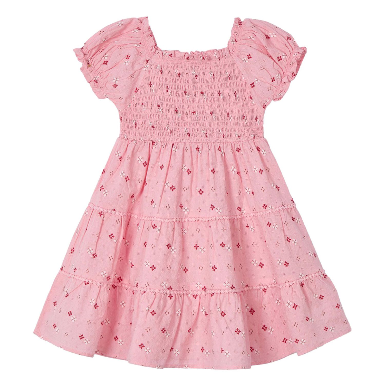 Girls Pink Printed Smocked Dress, 1, hi-res