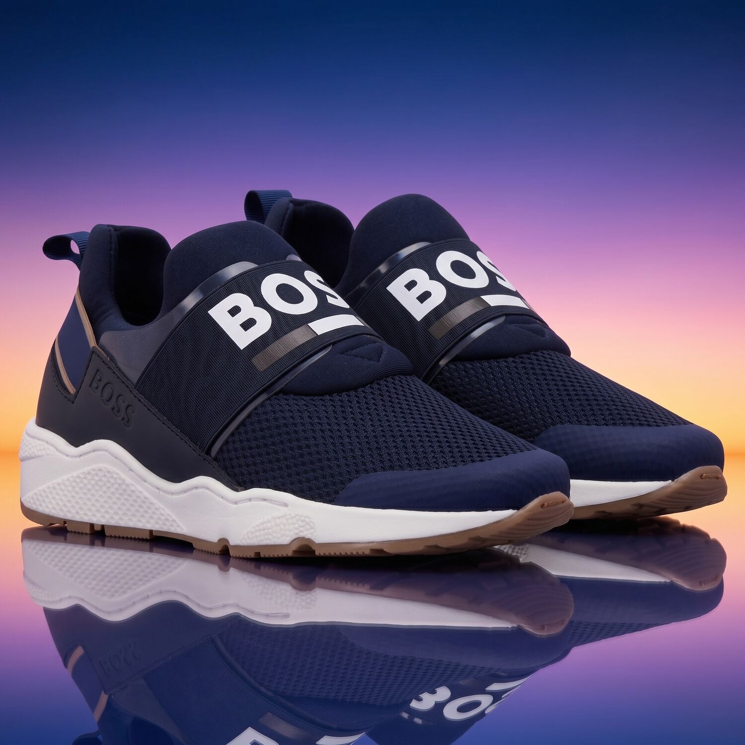 Boys Navy Blue Logo Trainers, 2, hi-res