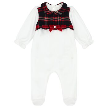 Baby Girls White & Navy Blue Tartan Babygrow