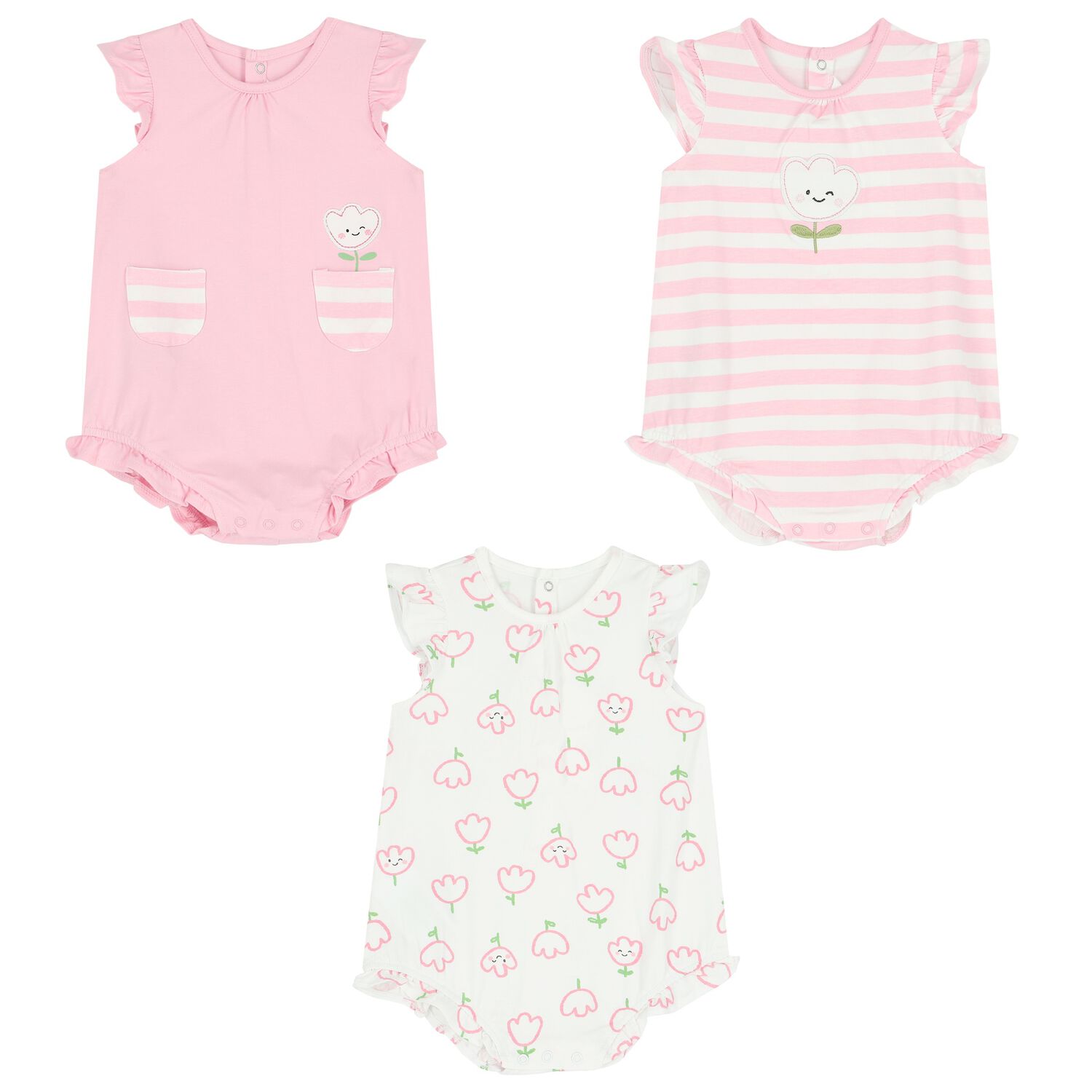 Baby Girls Pink & White Rompers ( 3-Pack ), 1, hi-res image number null