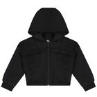 Girls Black Satin Logo Hooded Zip Up Top, 1, hi-res