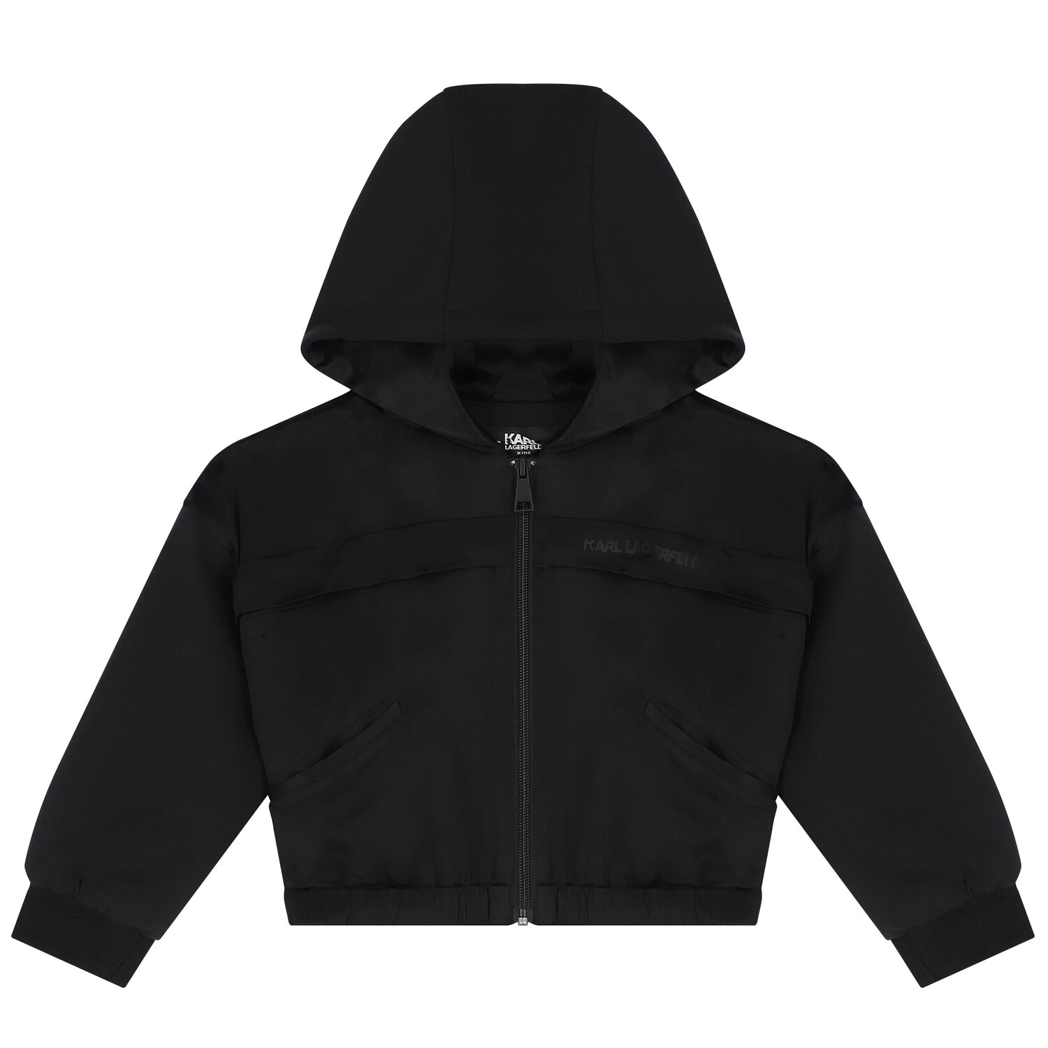 Girls Black Satin Logo Hooded Zip Up Top, 1, hi-res