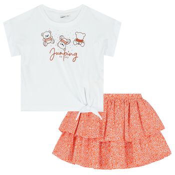 Girls White & Orange Skirt Set