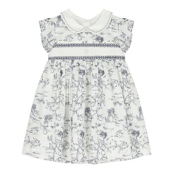 Baby Girls White & Navy Blue Smocked Dress